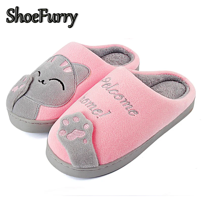 

ShoeFurry Winter Shoes Woman Home Slippers Cartoon Cat Indoor Floor Cotton Shoes Women Warm Plush Slippers Men Bedroom Slippers