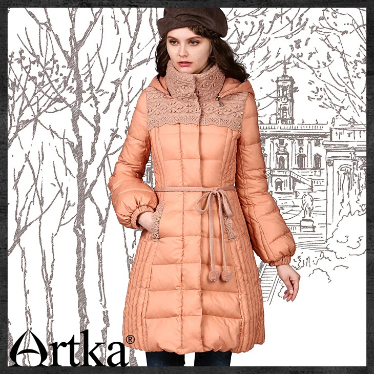 Artka женский ретро новый зимний высоким воротником со шляпой 90%-Белый утиный пух