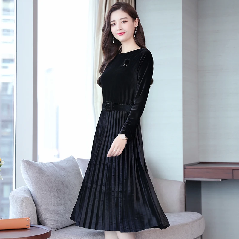 2019 новое осенне зимнее платье с поясом женское винтажное Золотое бархатное