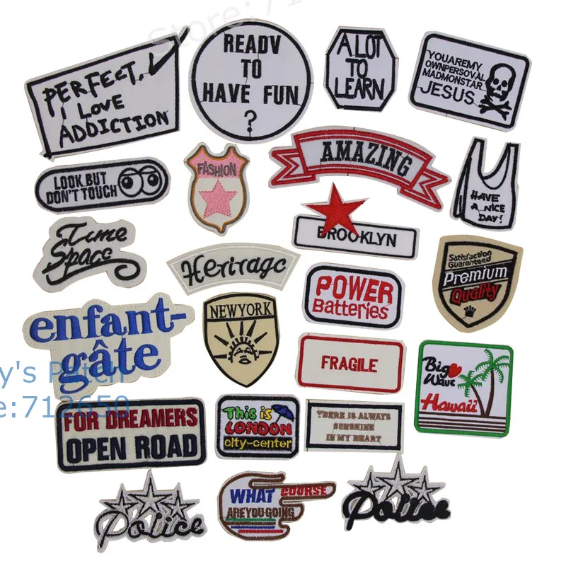 

New arrival 10 pcs white base words embroideded Iron On sew on badge Patches garment bag shoe Applique accessory free shipping