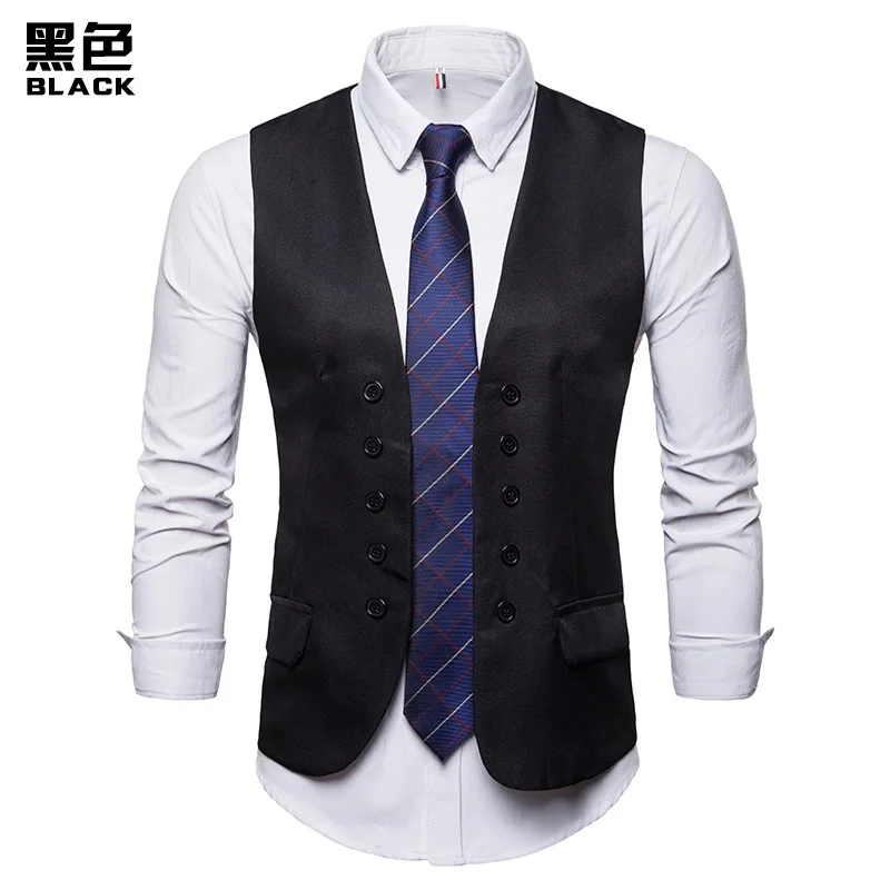 Мужской костюм жилет классический двубортный Colete Masculino Slim Fit свадебные жилет Для мужчин формальные тонкий платье-майка без рукавов - Цвет: Black