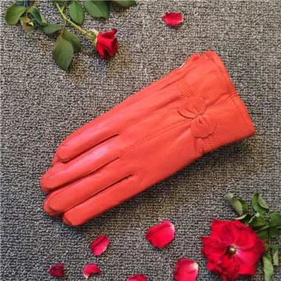 G044 Orange YRRETY новые модные женские теплые перчатки из натуральной овчины, женские кожаные теплые перчатки с кружевным бантом и искусственным кроличьим мехом - Цвет: G044 Orange