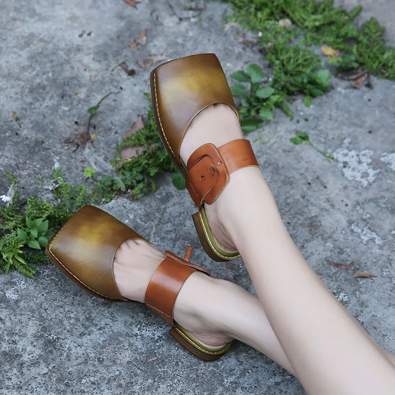Artdiya genuine leather women shoes handmade retro original summer slippers comfortable flat sole square head open toe sandals