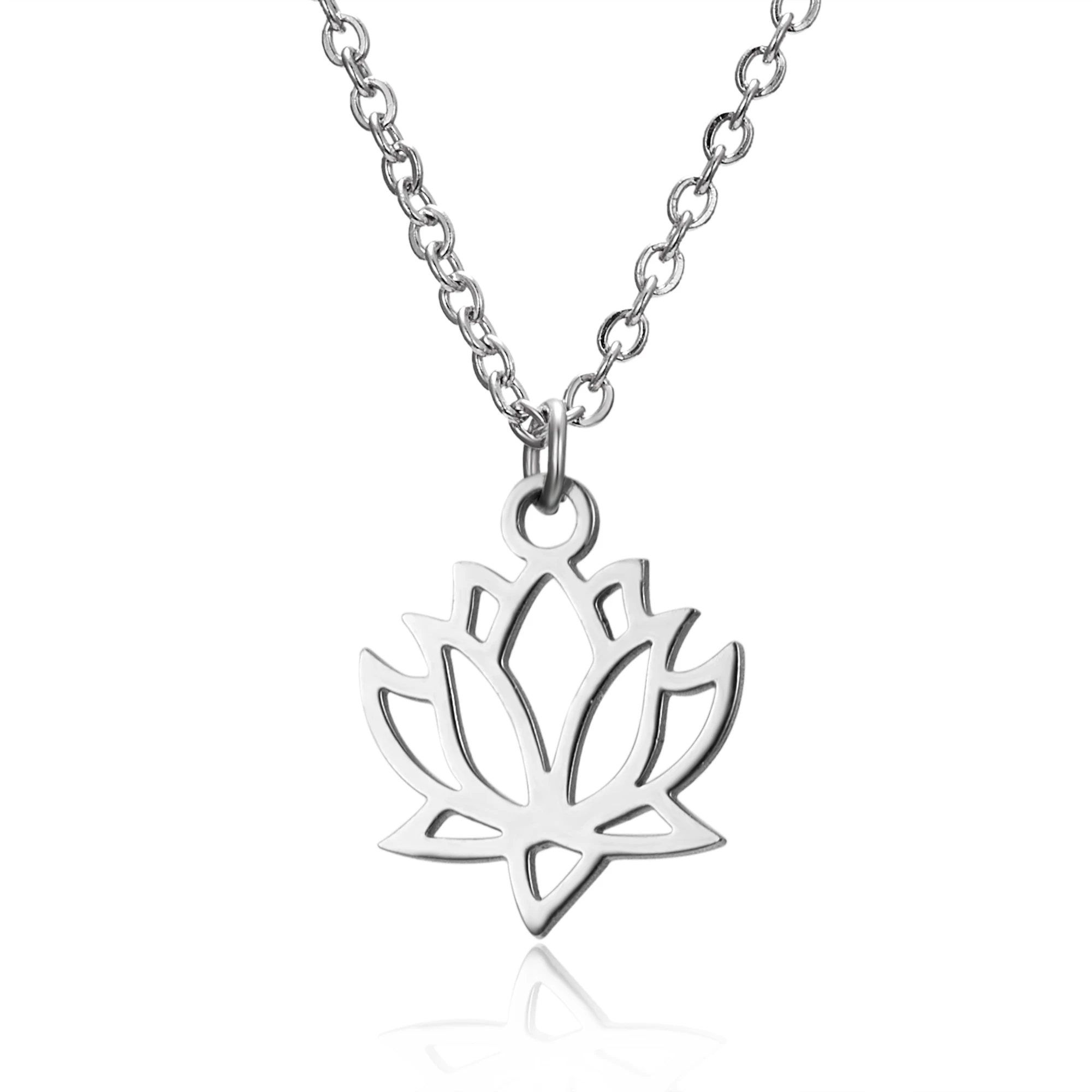 

Rinhoo Fashion Silver Color Stainless Steel Flower Lotus Shape Pendant Necklace Yoga Chakra Necklace For Women Jewelry Gift