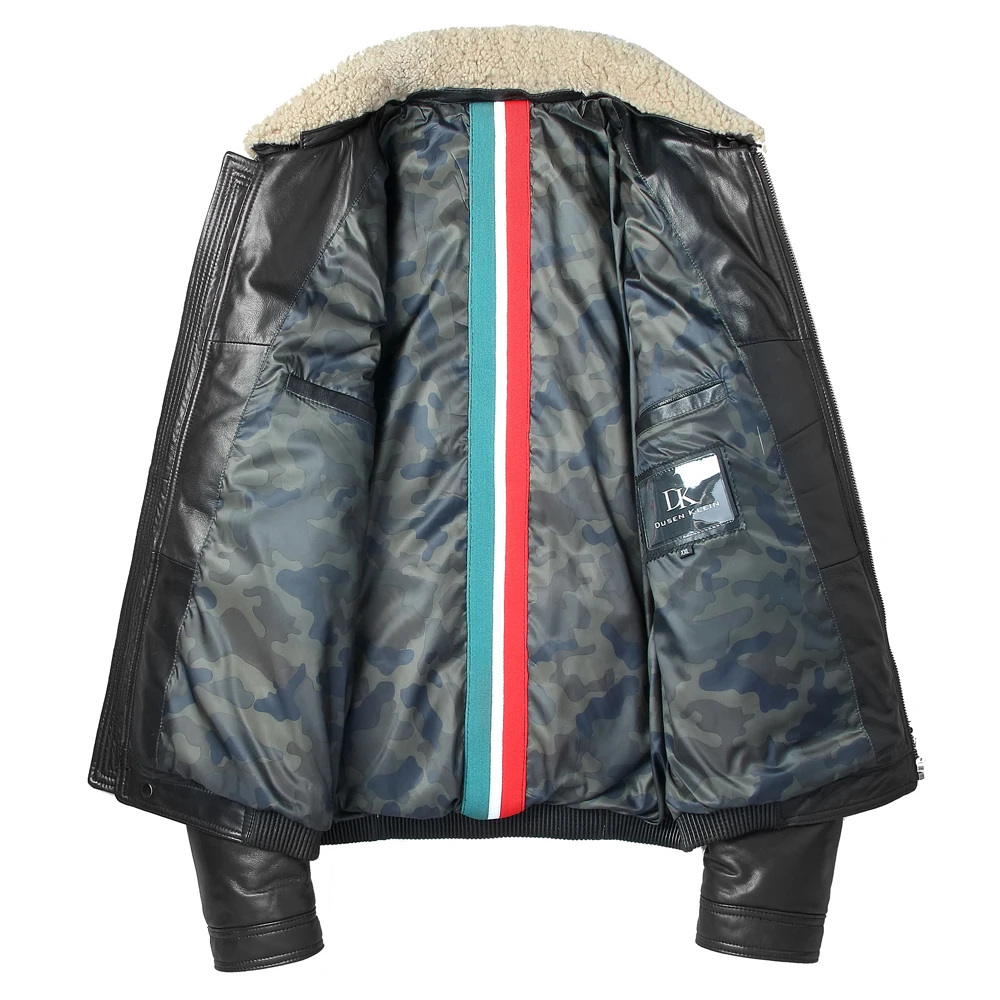 Крутой мужской пуховик из натуральной овечьей кожи с вышивкой зимний