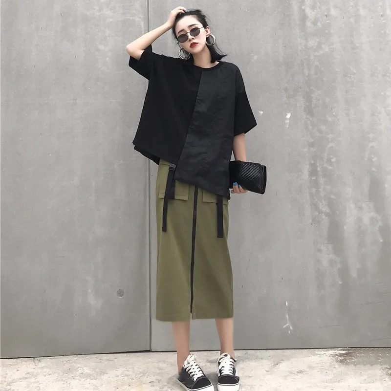 TWOTWINSTYLE Асимметричная футболка женская льняная Лоскутная с круглым вырезом и