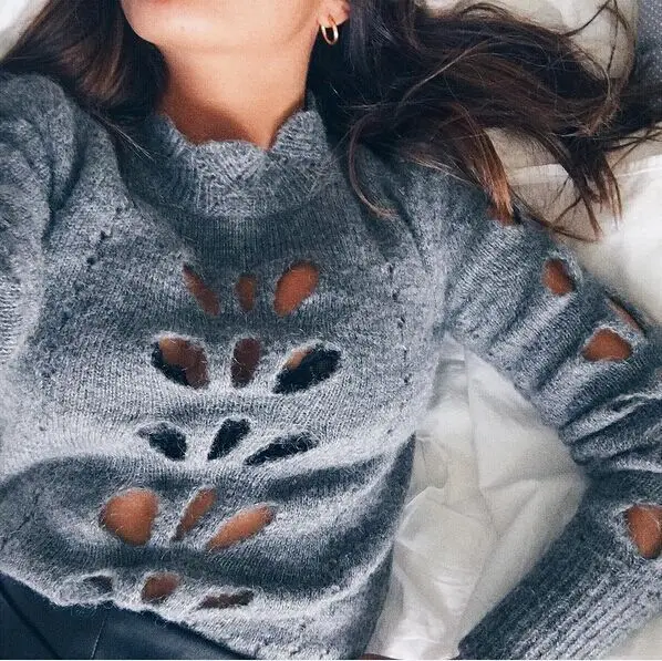 Sexy Hole Collar Sweater Jumper Hook Flower Hollow Sweaters Side Stereo Harujuku Solid Pullovers Cotton Knit 2019 | Женская одежда