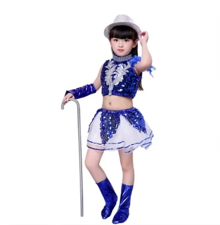 girl blue skirt set Детская одежда с пайетками, комплект для детей, сценическое шоу, джазовый танец, блестящая подвеска одежда Кепка, жилет, брюки для мальчиков и девочек, сценическое платье - Цвет: girl blue skirt set