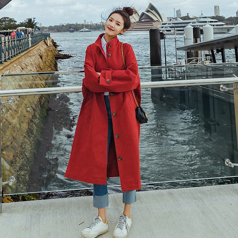 2020 Осенняя Женская ветровка с воротником стойкой длинный рукав подол Раздельный