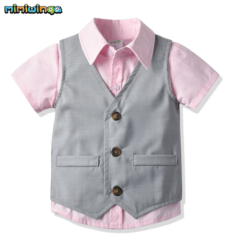 Mimiwinga 3pcs Baby Boys Suit Gentleman Bow Tie Short Sleeve Shirt Vest Tops Elastic Shorts Set Cotton Solid Children's Clothes |