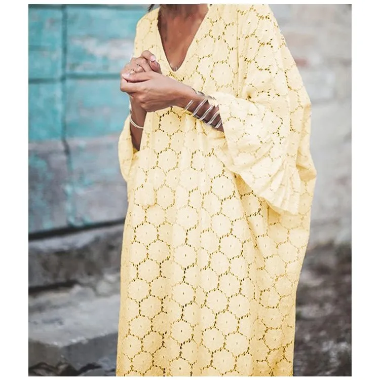 Женское кружевное платье с v-образным вырезом свободное пляжное длинное большого