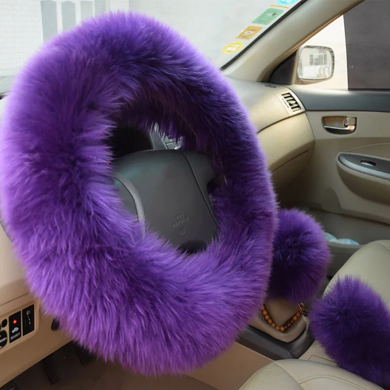 Purple Чехлы из овечьей кожи, зимняя теплая шерстяная крышка ручного тормоза, крышка переключения передач, крышка рулевого колеса 38 см, диаметр 1 комплект, 3 шт., WSWS01 - Название цвета: Purple