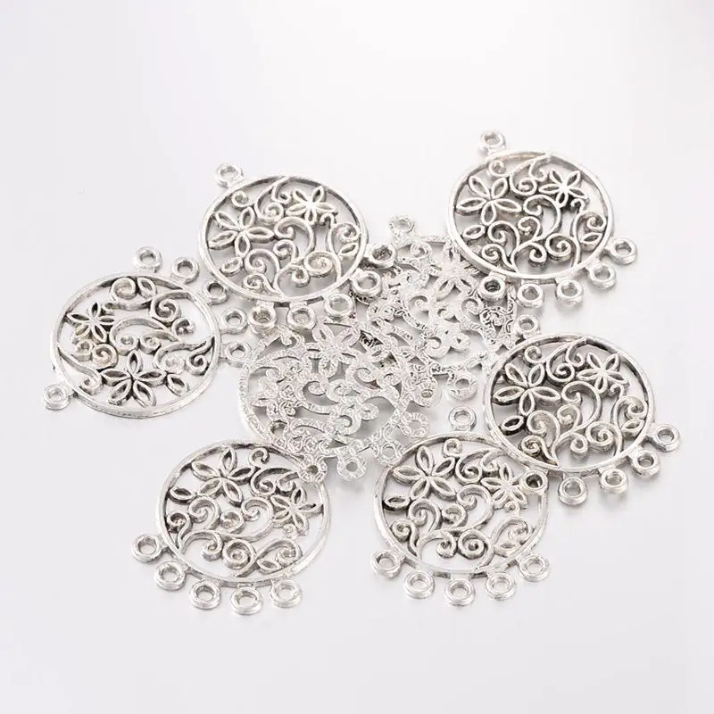 

10pcs Alloy Chandelier Component Flat Round Charms Tibetan Style Pendants for Jewerly DIY Making Antique Silver Color