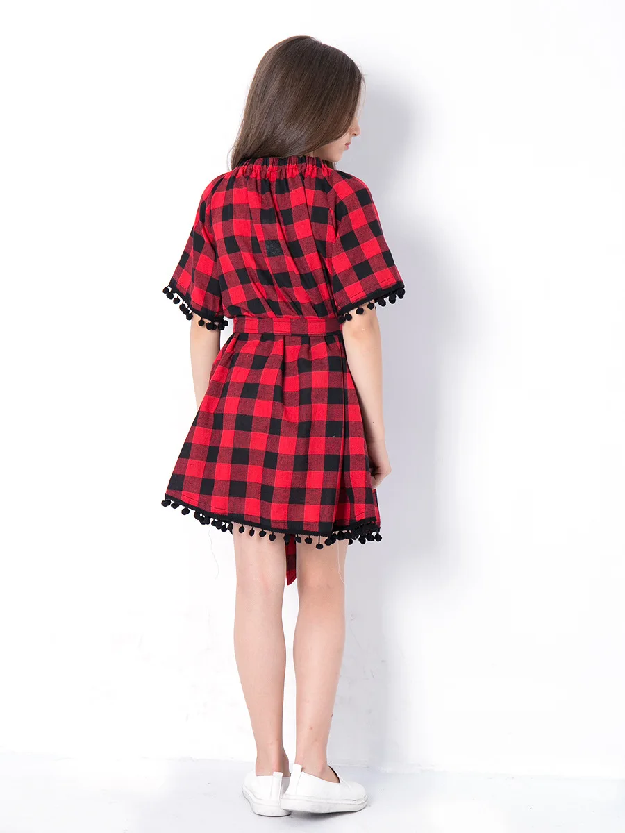 Клетчатое платье для девочек-подростков с кисточками и открытыми плечами Размер