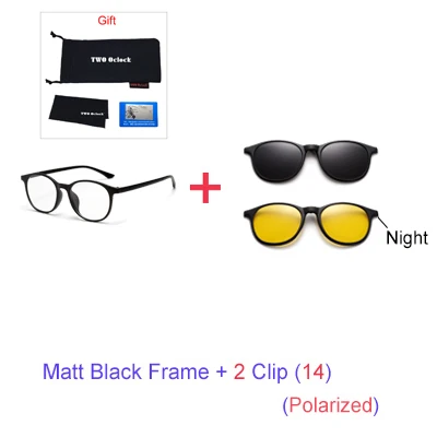 TWO Oclock Magnet Sunglass Women Men Polarized Lens Optical Spectacle Frame Clip On Glasses Men Round TR90 3D Night Vision A2245 - Цвет линз: 1 Frame 2 Clip 14