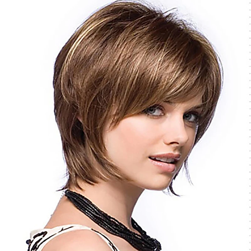 HAIRJOY женские прямые челки стиль Pixie Cut 14 дюймов Синтетические волосы парик коричневый смешанные короткие натуральные парики