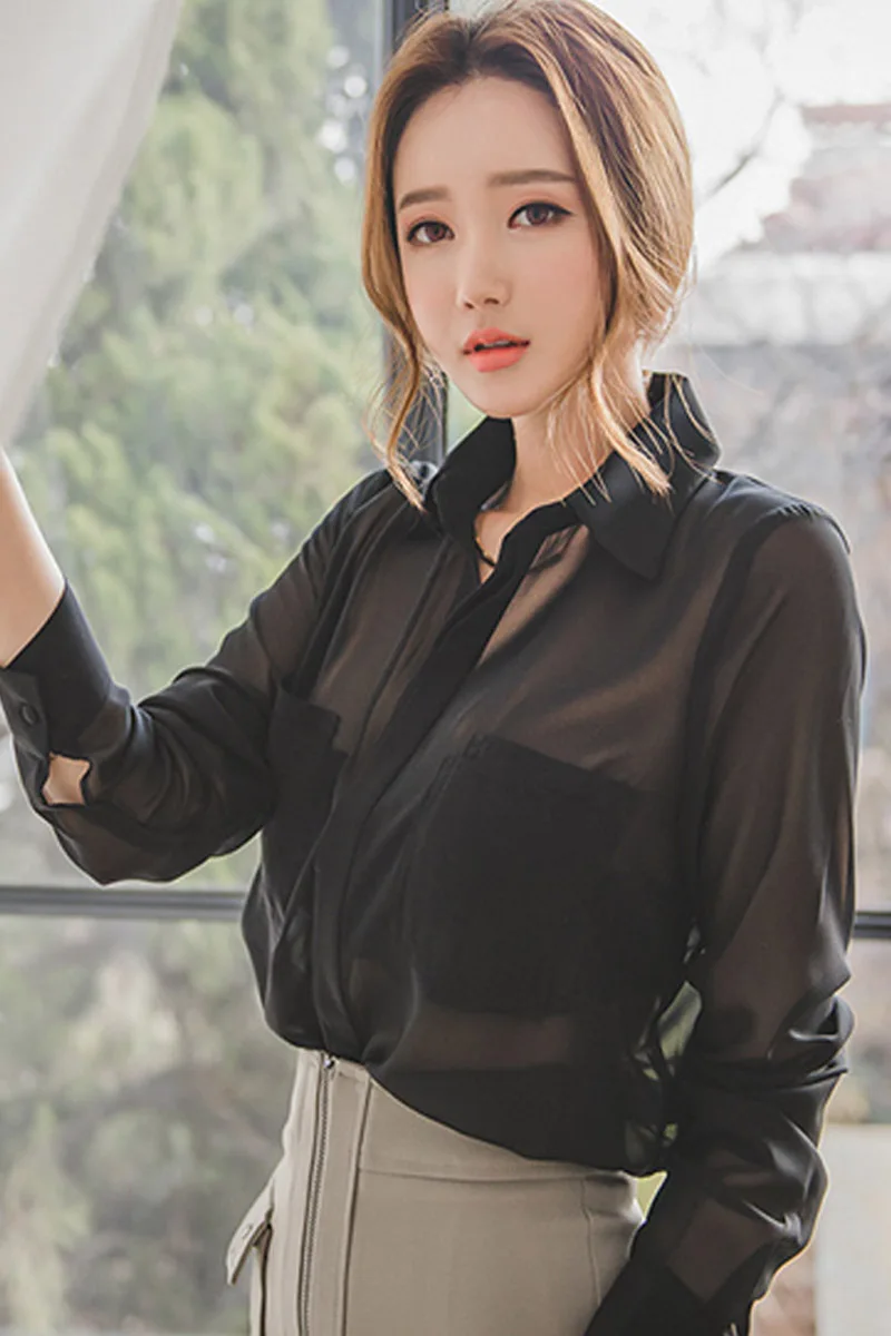 

New Full Sleeve Women Tops Black Transparent Women Blouses Chiffon Sexy Loose Womens Clothing Peter Pan Collar Shirt