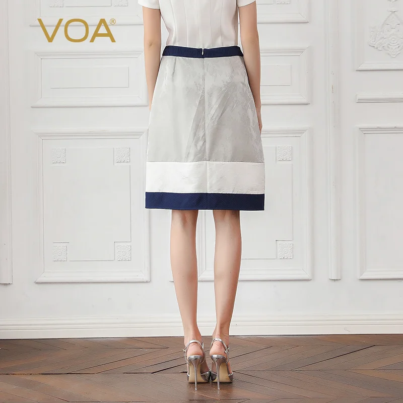 VOA Silk Jacquard A Line Skirts Women Sliver Grey Sexy Split Midi Skirt Basic Mid Waist Office Ladies Elegant Large Size C608|Женские