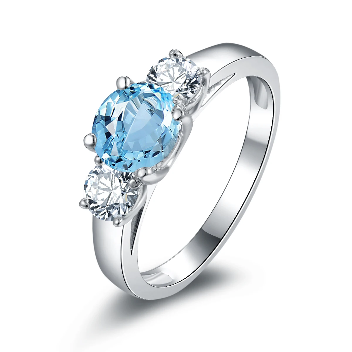 

QYI Natural Sky Blue Topaz Rings 1.25 Ct Round Cut Simple Topaz Three Stone Engagement Ring 925 Sterling Silver Wedding Jewelry