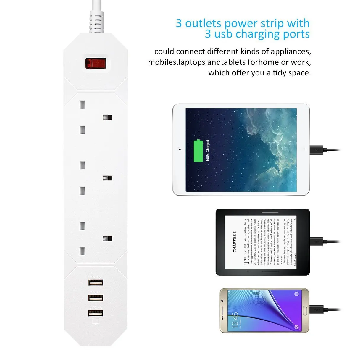 Сетевой фильтр-удлинитель 3 AC UK розетки с USB быстрой зарядкой Ports13A/3250 W 1,8 m
