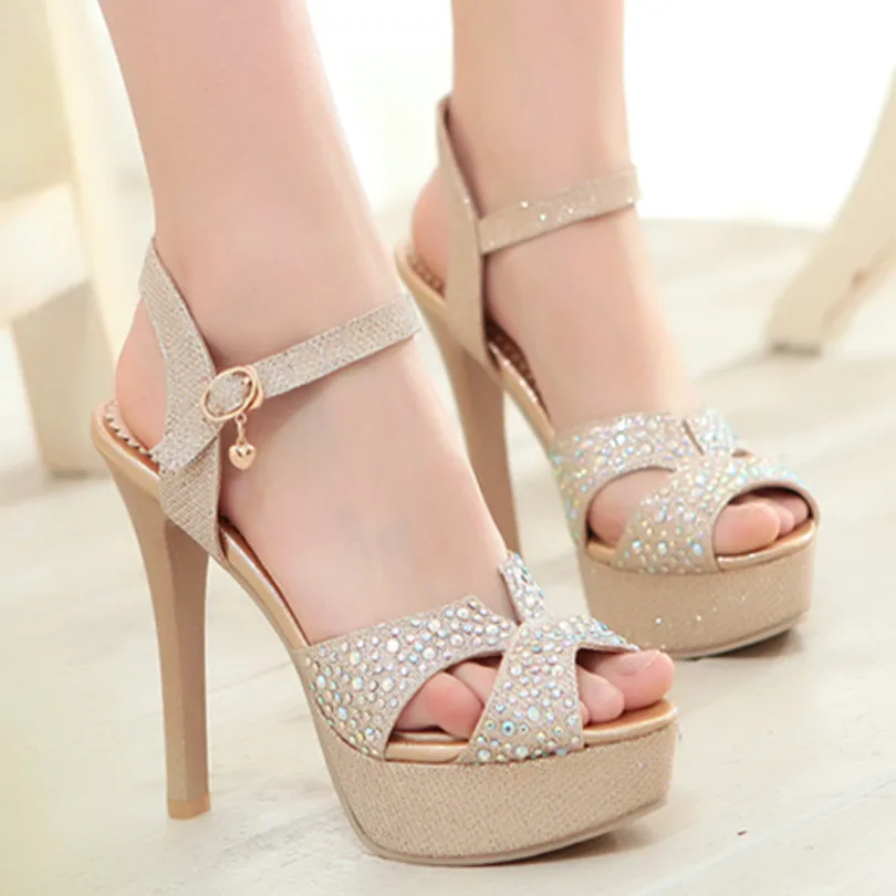 

ENMAYLA Fashion Style Womens Peep Toe Gold Shoes High Heels Sandals Women Rhinestone Platform Pumps Shoes Woman