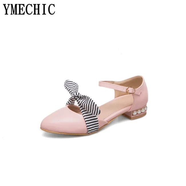 Женские туфли мэри джейн YMECHIC белые розовые бежевые на низком каблуке с бантиком