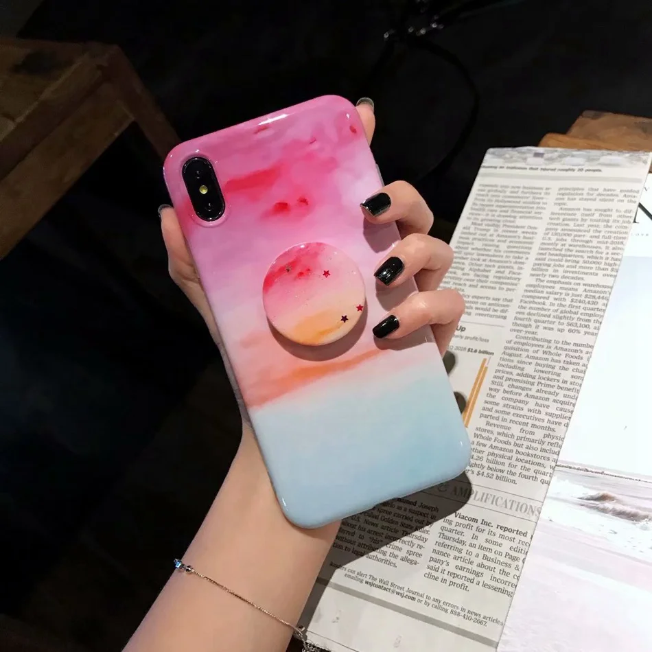 For iPhone X XS Max XR Case Luxury Glossy Marble Veins Cover 7 6 8 Plus Granite Stone Stand Holder Soft TPU Cases |