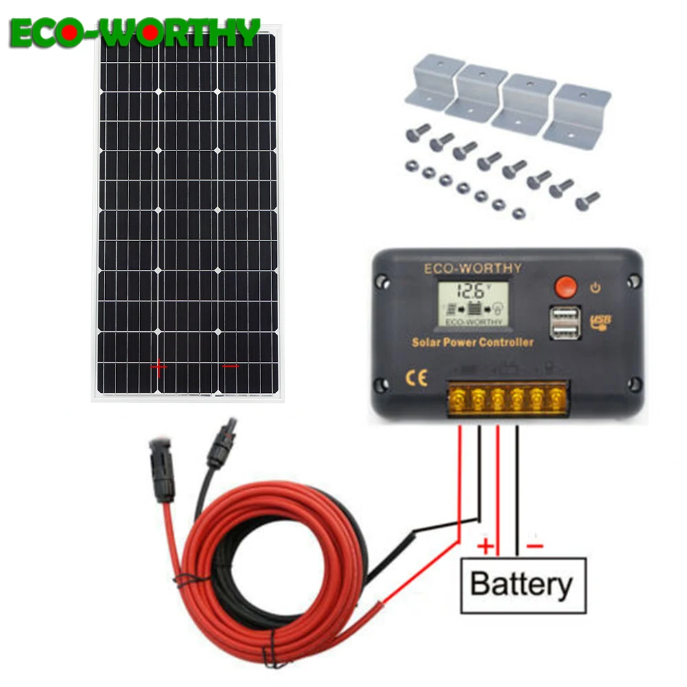 ECOworthy 100 Вт Солнечная система: моно солнечная панель питания и 20A ЖК-контроллер 5 м