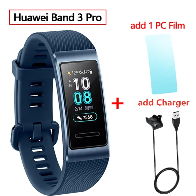 blue add charger huawei Band 3 Pro gps Amoled 0,95 'Полноцветный Сенсорный Водонепроницаемый металлический браслет с датчиком пульса для плавания и сна - Цвет: blue add charger