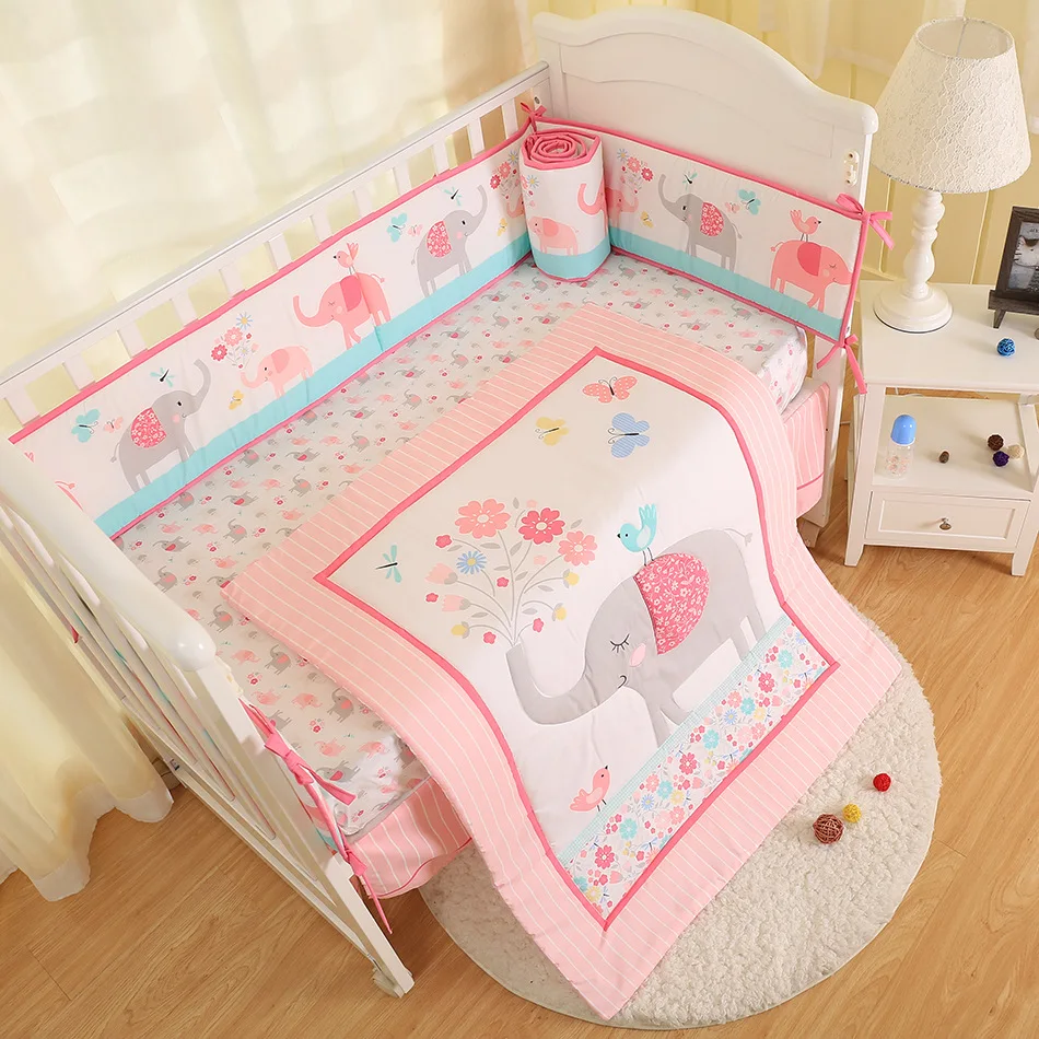 

Promotion! 7pcs pink elephant embroidered Baby Cot Crib Bedding Set,(4bumper+bed cover+bed skirt+duvet)
