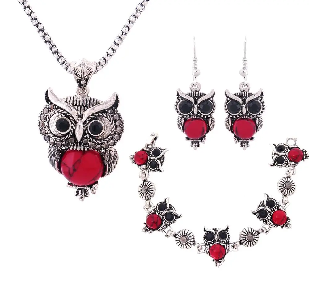 Набор украшений для женщин. Ожерелье, браслет, серьги в форме совы. Посеребренное, имитация бирюзы - Окраска металла: Red