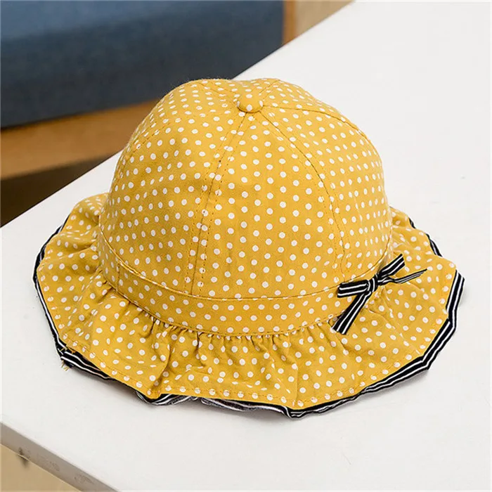 yellow Новые ветрозащитные Детские Солнцезащитные головные уборы для девочек, шляпа от солнца с бантом в горошек, летняя детская шляпа рыбака, детские солнцезащитные кепки для мальчиков, Детская Панамка - Цвет: yellow