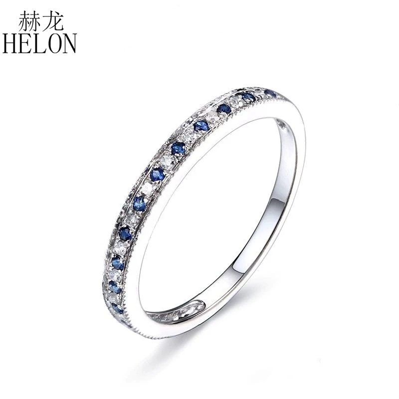 HELON Solid 14 K белое золото 0.2ct настоящий сапфир бриллиантовое обручальное кольцо женские свадебные драгоценные камни ювелирные изделия половина вечности группа