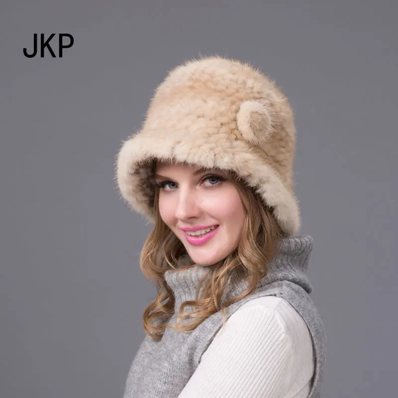 JKP 2018 зимняя женская теплая шапка стильная вязаная норковая меховая с цветами