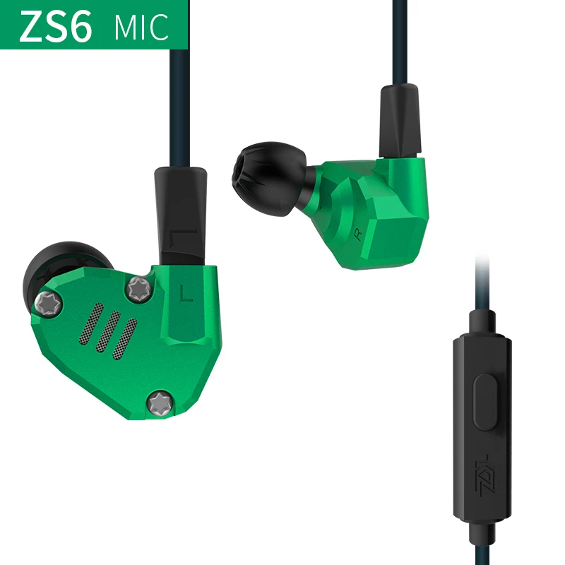 green with mic Новинка KZ ZS6 2DD+ 2BA гибридные наушники-вкладыши HIFI DJ Monito спортивные наушники для бега наушники-вкладыши Наушники KZ ZS6 ZS10 ZS5 AS10 ES4 - Цвет: green with mic