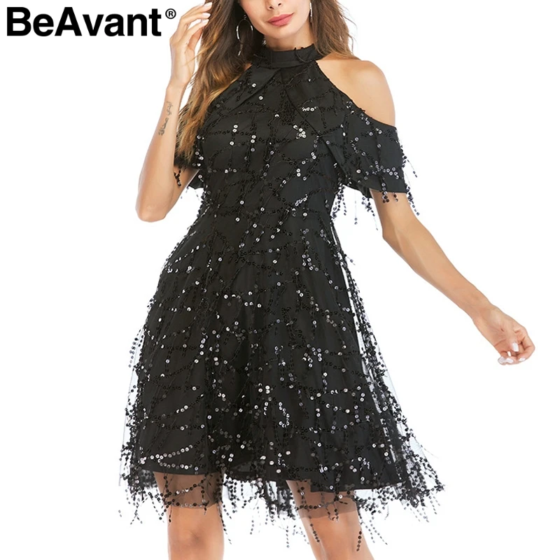 BeAvant открытыми плечами блесток короткое вечернее платье для женщин Лепесток