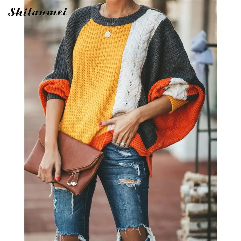 

Loose Women Sweater Top 2022 Spring Autumn Women Sweaters Street Style Lantern Sleeve Knitwear Fashion Patchwork Causal Pullover