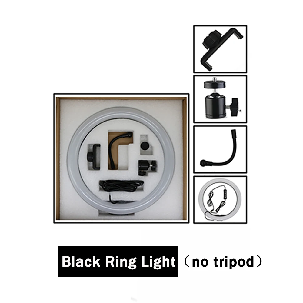 black no tripod 1" Диммируемые лампы светодиодный кольцевой светильник для селфи светильник для фотостудии светильник для фотосъемки с штативом для телефона видео макияж Youtube Live - Цвет: black no tripod