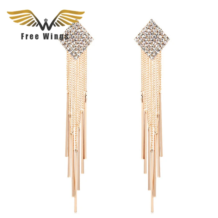 Женские длинные золотые серьги подвески с кисточками и кристаллами богемные