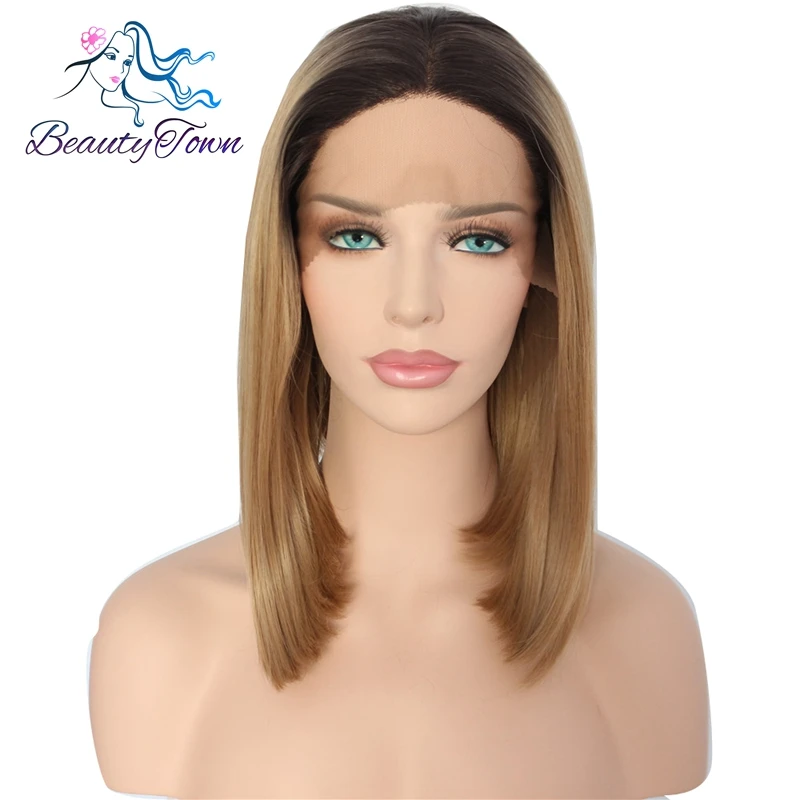 BeautyTown темные корни Ombre блондинка руки связали высокое Температура волокна короткий Боб Guleless термостойкие синтетические Синтетические волосы на кружеве парики