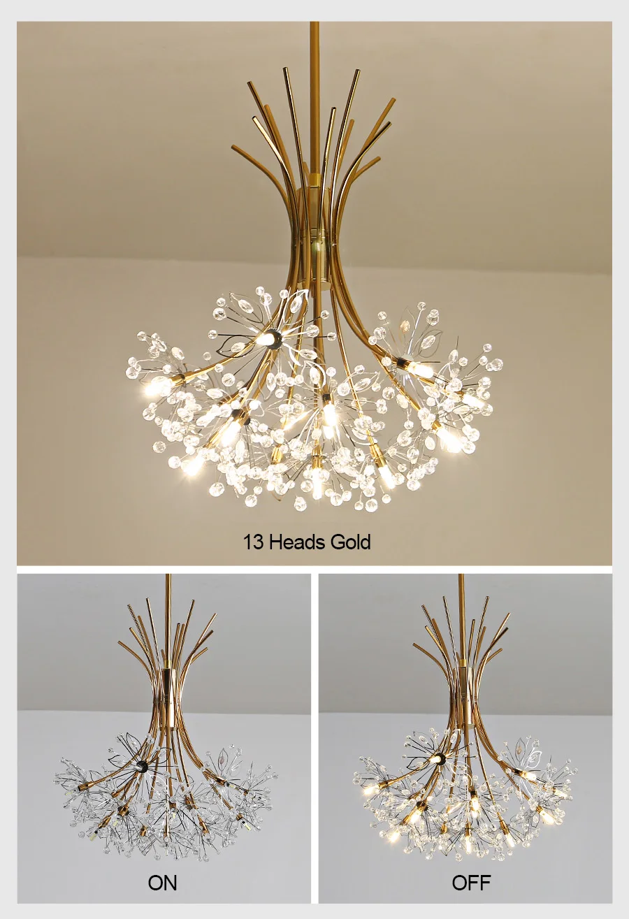 Черный современный Арт Деко LED Хрустальная фурнитура люстра Одуванчик золотые