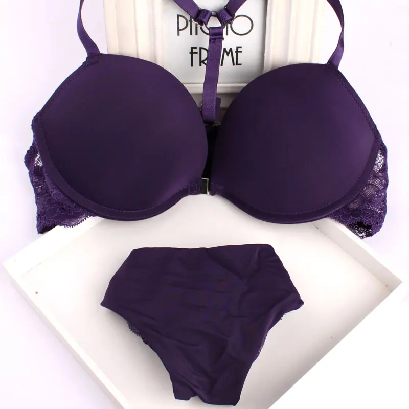 

Girls deep purple Y shape underwear sutian set Y deep red bra straps cut into Japanese suits front closure lingerie bralette set