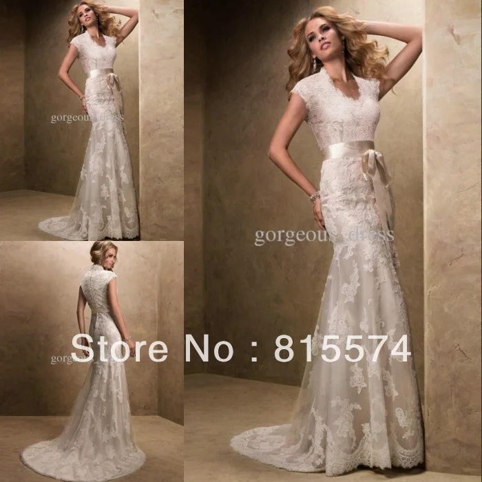 Hot sale High quality western style closed back v-neck floor length sheath sexy wedding dress exquisite | Свадьбы и торжества