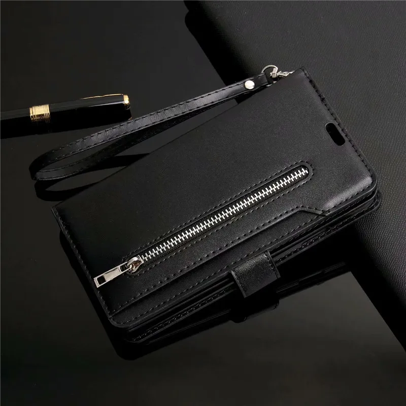 black Retro zipper Leather Case Mobile Shell For Samsung A30 A70 A10S A20E A60 M40 A90 A50S M30 A7 Flip Stand Cover with 9 card - Цвет: black