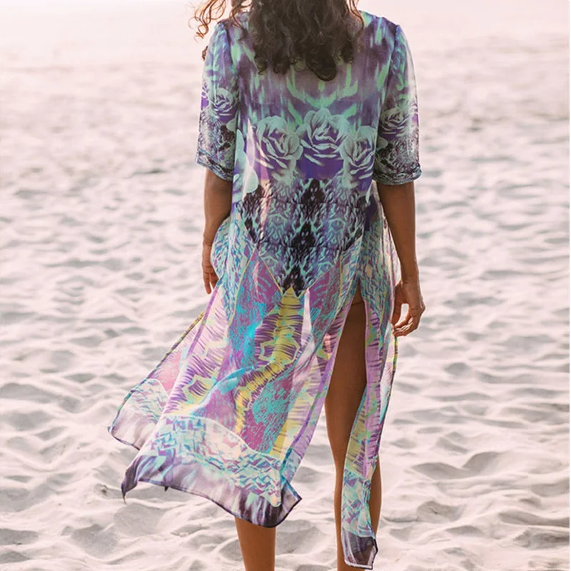 NAIDEY 2019 Summer Printed Bikini Cover Up Loose Split Beach Cardigan Women Long Chiffon Beachwear Pareo Kaftan Robe de Plage |
