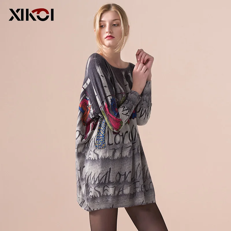 XIKOI Autumn 2018 Causal New Women Long Sweater Coat Fashion Ladies Pullovers Batwing Sleeve Woman Print Pullover Cloth | Женская одежда