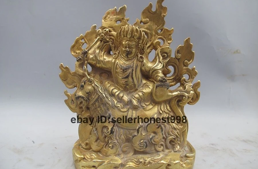 

Tibet Buddhism Mahakala Ride Sheep Bronze Gilt Protector Deity Buddha Statue
