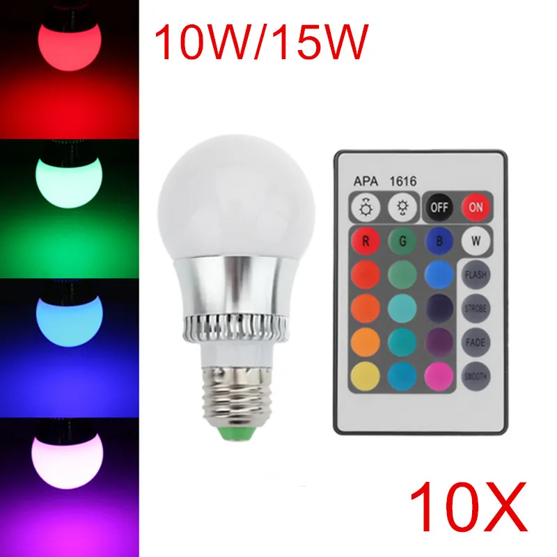 E27/E14 Dimmable LED RGB bulb 10W 15W AC 85-265V RGB led Lamp with Remote Control multiple colour led light 10pcs/lot free ship