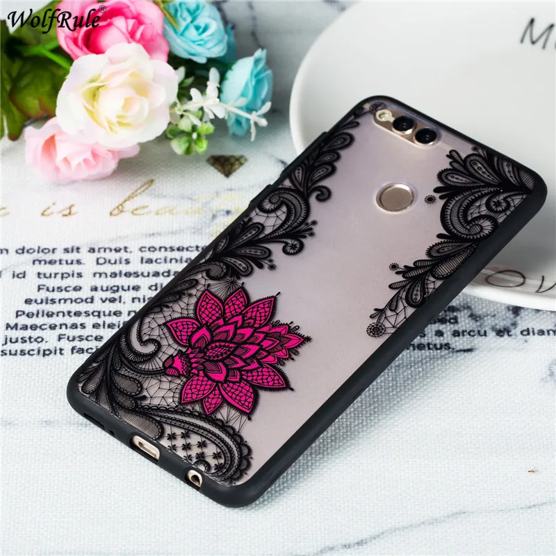 For Cover Huawei Honor 7X Case TPU &amp PC Embossed Lace Rose Bumper Phone Mate SE 5.93'' |
