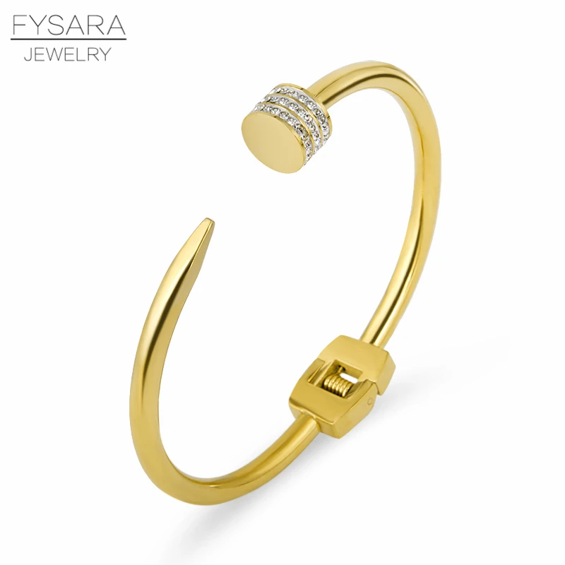 

FYSARA Luxury Cubic Zirconia Crystals Arrow Cuff Bracelets Stainless Steel Gold Color Bangles For Women Pulseiras Punk Jewelry